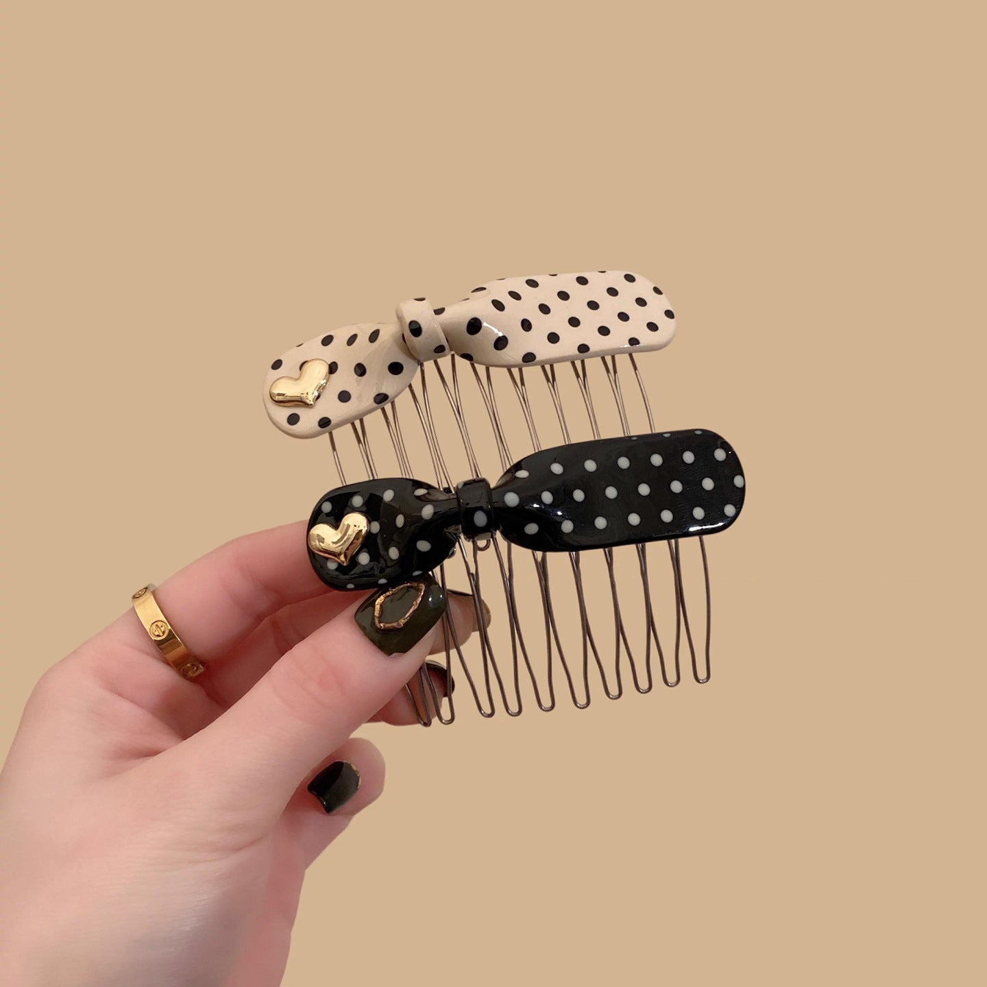 C廠【X100】甜美韓系愛心標波點蝴蝶結髮梳高級感側邊醋酸倒插梳劉海夾盤髮梳
 26.04-3