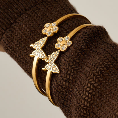 B廠【Z234】跨境時尚微鑲鋯石蝴蝶花朵彈簧開口手鐲網紅輕奢不鏽鋼18k金手環
 26.04-3