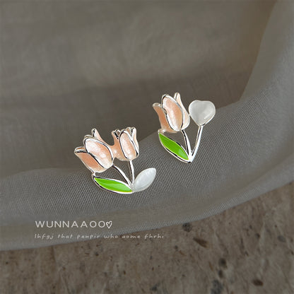 A廠 【4720】清新甜美通勤鬱金香耳環不對稱玻璃貓眼石花朵高級感氣質學生耳飾
 26.03-3