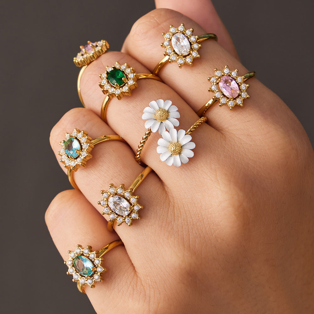 B廠【A703】跨境新款小眾設計小菊花開口戒指不鏽鋼鑲嵌鋯石花朵戒指組合
 26.04-3