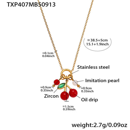 B廠【TXP407】跨境新品不鏽鋼滴油彩色櫻桃吊墜耳環項鍊手鍊戒指手鐲套裝
 25.09-4
