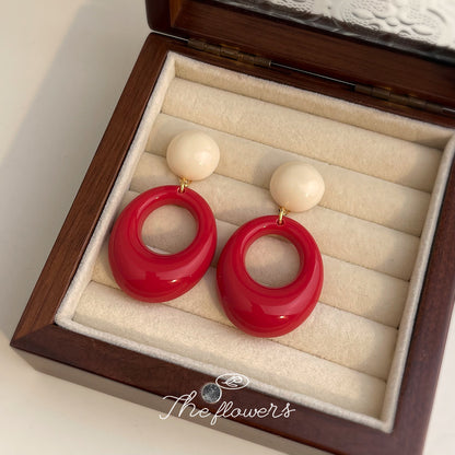 C廠【7034】港風復古圓形幾何時尚高級感紅色新款耳環飾品耳環
 25.11-1
