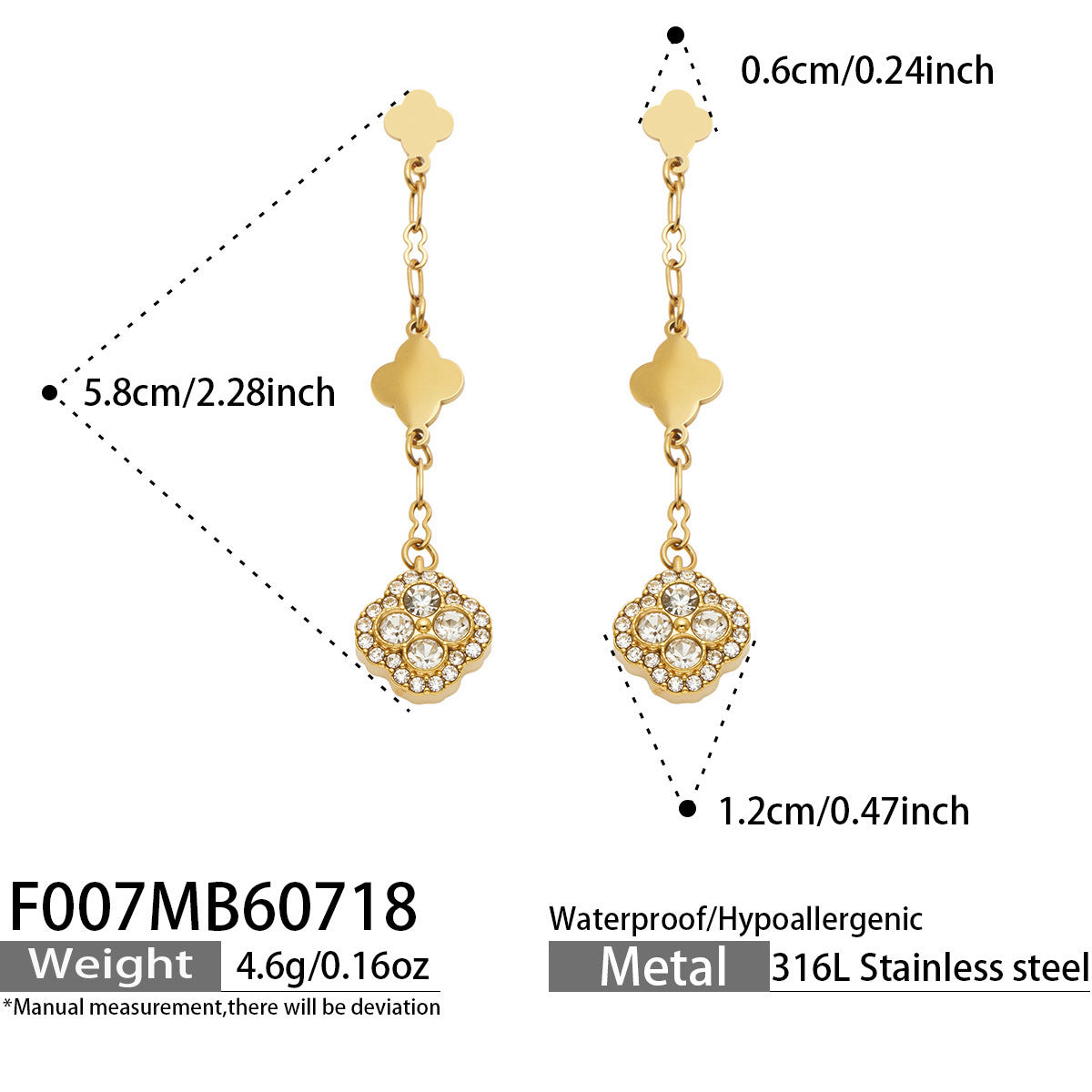 B廠【F007】清新甜美不鏽鋼鍍18k金 四葉花滿鋯石吊墜耳環高級感輕奢女飾品
 26.07-4