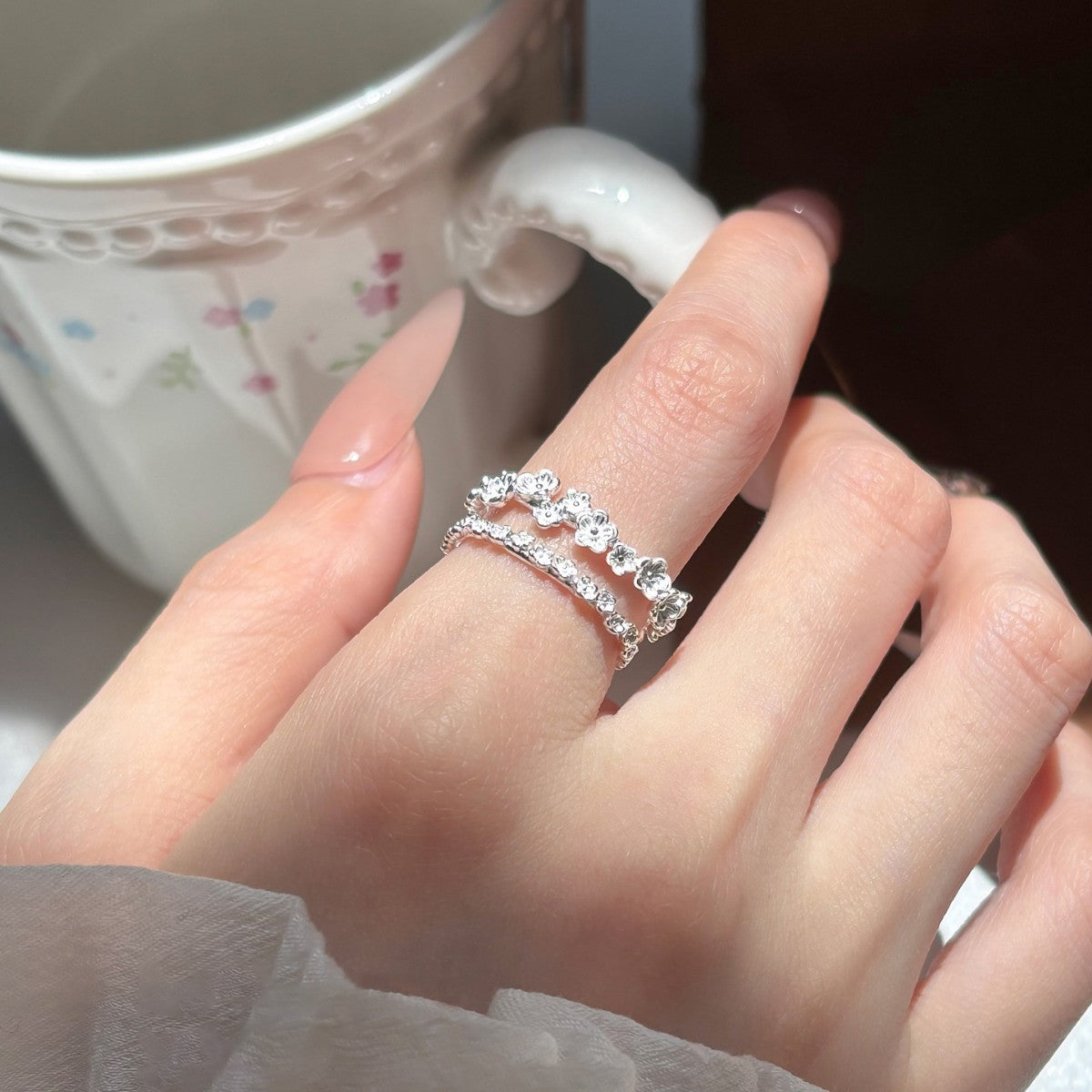 E廠【DQ8565R】S999純銀韓系甜美繁花戒指女簡約小清新花朵百搭疊戴開口指環
 25.10-3