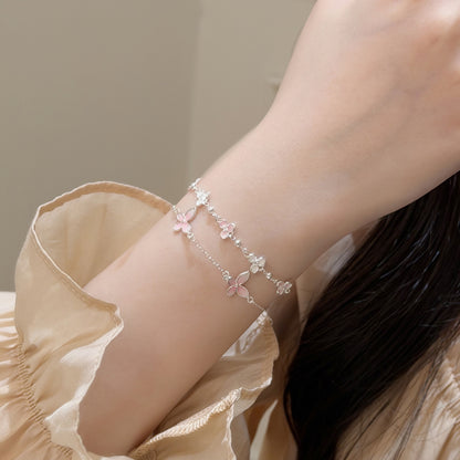 E廠【XDQ0071S】S999純銀夜光琺瑯漸層粉蝴蝶手鍊女精緻輕奢花朵疊戴百搭手飾 26.07-2