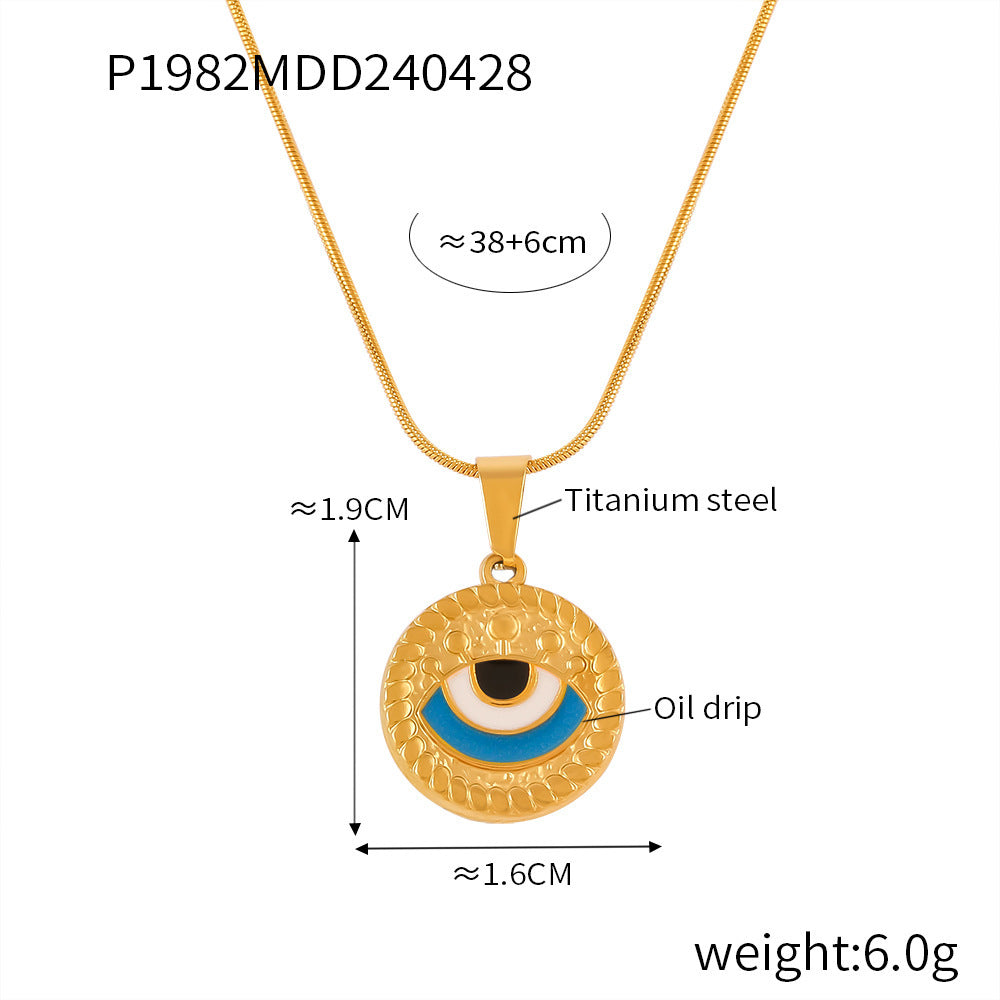 B廠【P1982】歐美時尚個性復古滴油眼睛鈦鋼項鍊女圓形設計惡魔之眼吊墜鎖骨鏈 24.05-1