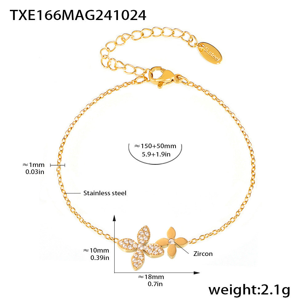 B廠【TXP166】歐美ins風鑲鋯石四葉花雙層鎖骨項鍊手鍊不銹鋼PVD電鍍套裝 24.11-2