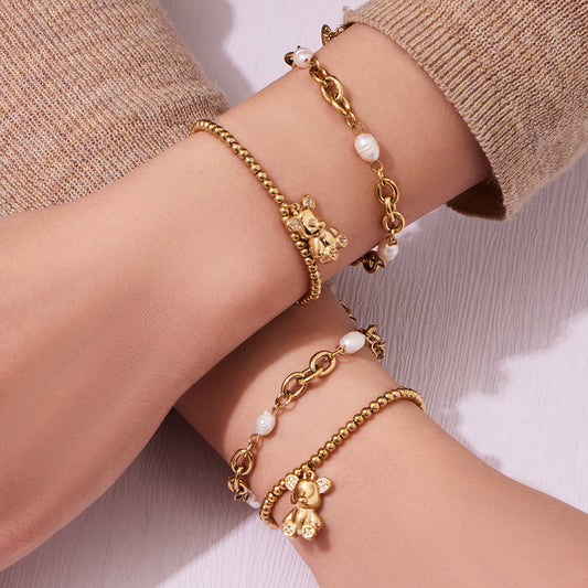 B廠【E252】歐美ins簡約時尚設計5A鋯石小熊吊墜原子手鍊不鏽鋼跨國氣質手飾
 26.03-2