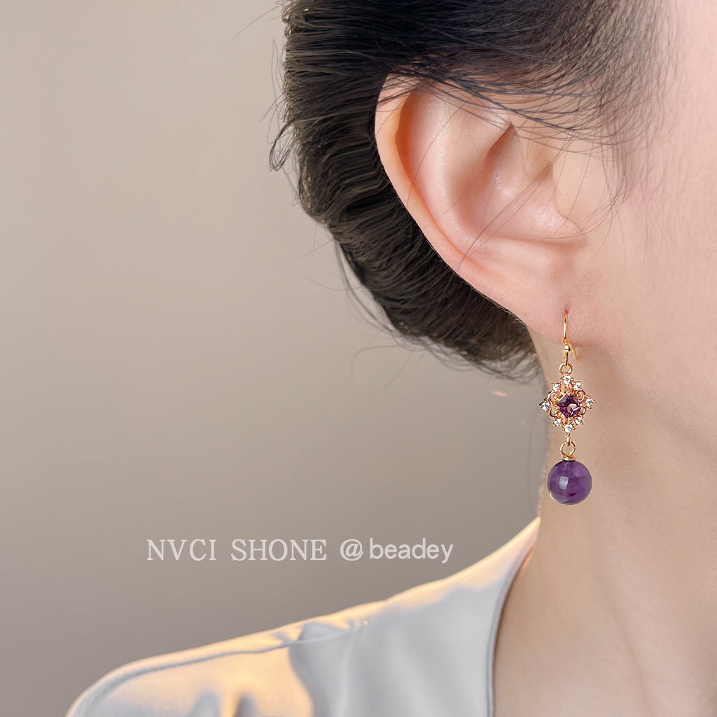 C廠【7019】鑲嵌鋯石天然石薰衣草紫水晶手工耳環氣質國潮新中式耳飾
 25.11-1