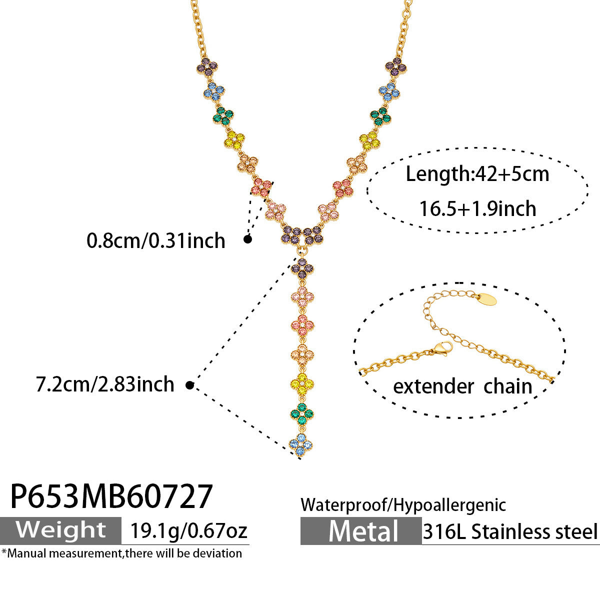 B廠【P653】歐美不銹鋼鍍18k金 輕奢彩色鑲鋯石四瓣花項鍊復古風女士氣質飾品
 26.07-5