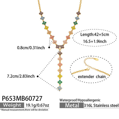 B廠【P653】歐美不銹鋼鍍18k金 輕奢彩色鑲鋯石四瓣花項鍊復古風女士氣質飾品
 26.07-5