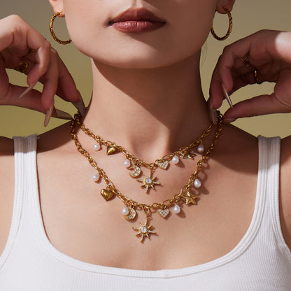 B廠【TXP413】新款星月八星芒鋯石貝珠五角星DIY多配件鎖骨項鍊手鍊套裝
 25.10-1