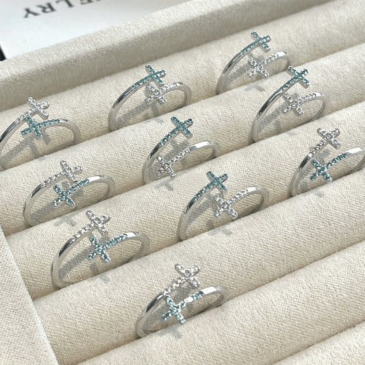 E廠【XDQ8489R】ins冷淡風雙層十字架戒指女S925純銀韓系高級感鋯石開口指環
 25.12-1