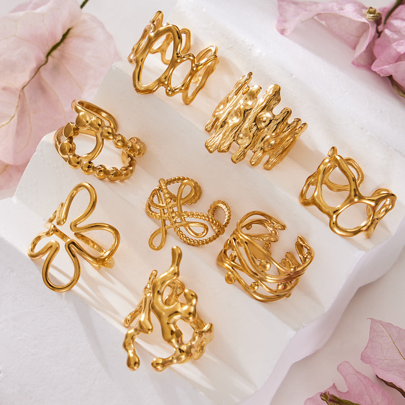 B廠【Y136】歐美ins簡約設計幾何型素圈戒指組合不鏽鋼鍍金小眾時尚開口指環
 26.01-4