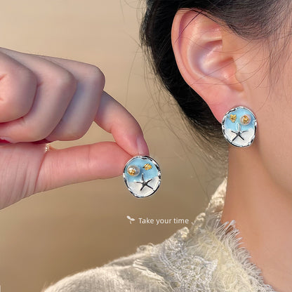 A廠【5258】淡水珍珠925銀針琺瑯滴釉海星海邊度假清新甜美耳飾耳釘 25.01-1