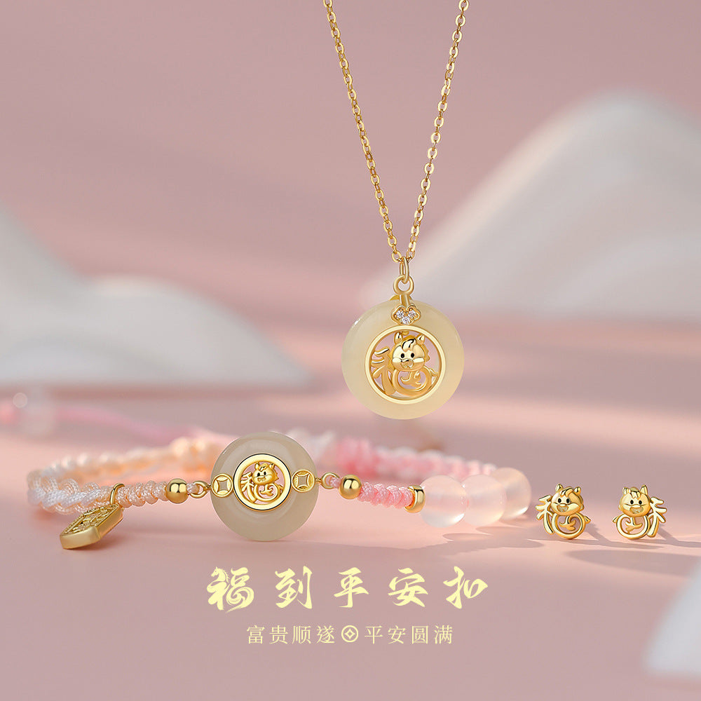 D廠【YC0961N】原創純銀S925福到平安扣福馬耳環氣質鎖骨鍊和田玉手鍊首飾
 26.01-1