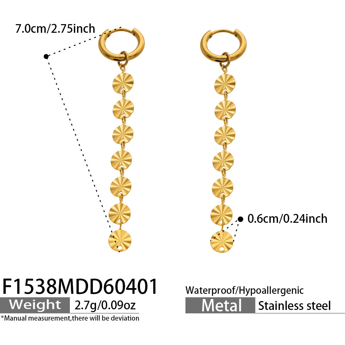 B廠【F1538】歐美跨境新款金屬圓片批花形流蘇耳環不鏽鋼鍍18k真金不掉色耳飾
 26.04-3