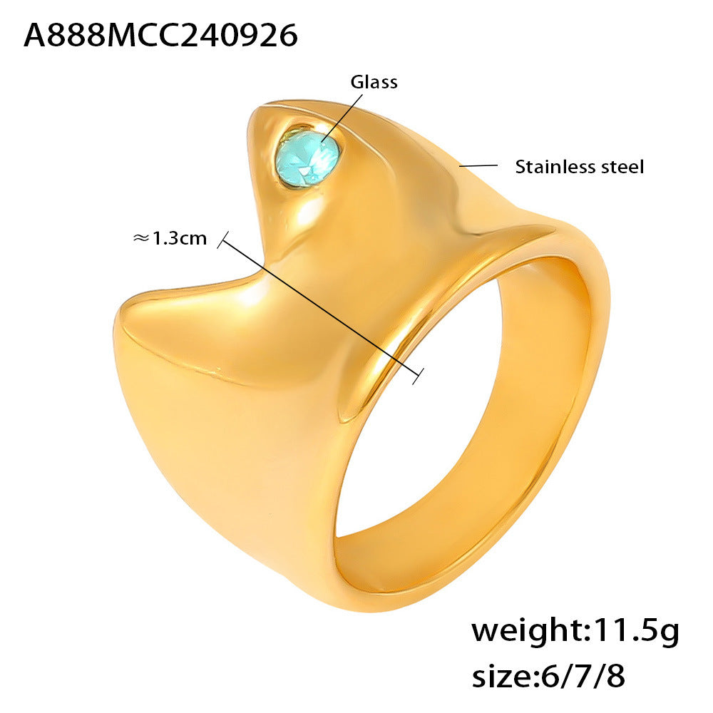 B廠【A888】歐美跨國幾何圓弧凹面黏藍玻璃石戒指不鏽鋼材質熱銷時尚新指環 24.10-1