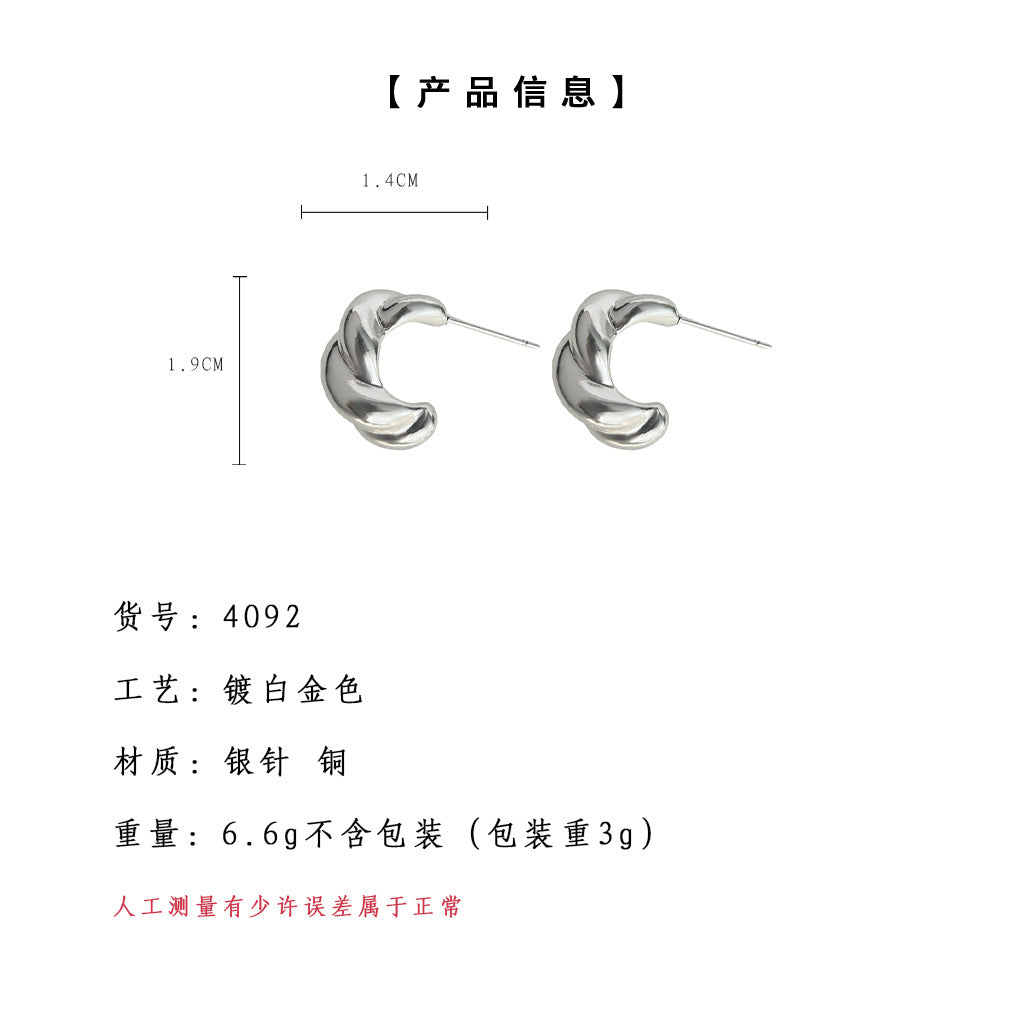 C廠【4092】法式高級感麻花光面通勤新款銀針耳飾文藝氣息輕奢風簡約時尚耳環 24.05-3