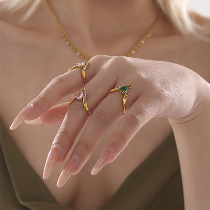 B廠【A976】V字鑲滿鑽5A鋯石側開口可調不鏽鋼戒指不掉色輕奢食指戒 25.02-3