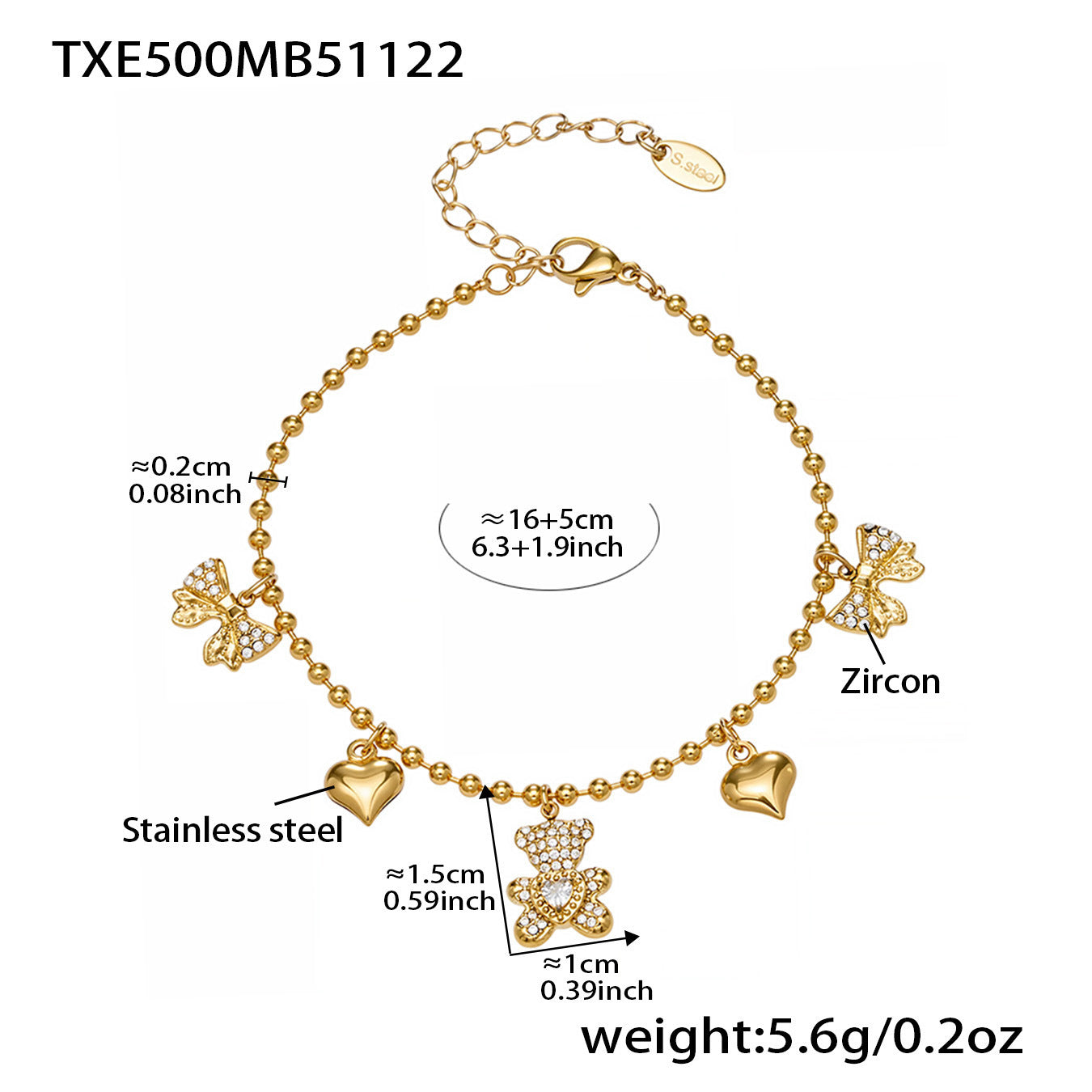 B廠【TXP500】不銹鋼5A鋯石滿鑽小熊蝴蝶結愛心多配件吊墜項鍊手鍊耳環首飾套裝
 25.11-4