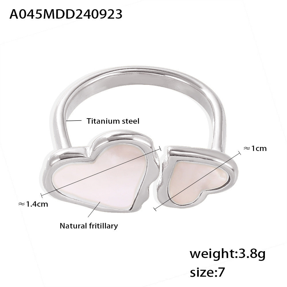 B廠【A045】歐美熱銷幾何雙愛心開口天然貝母戒指跨國新款鈦鋼材氣質手飾品 24.10-1