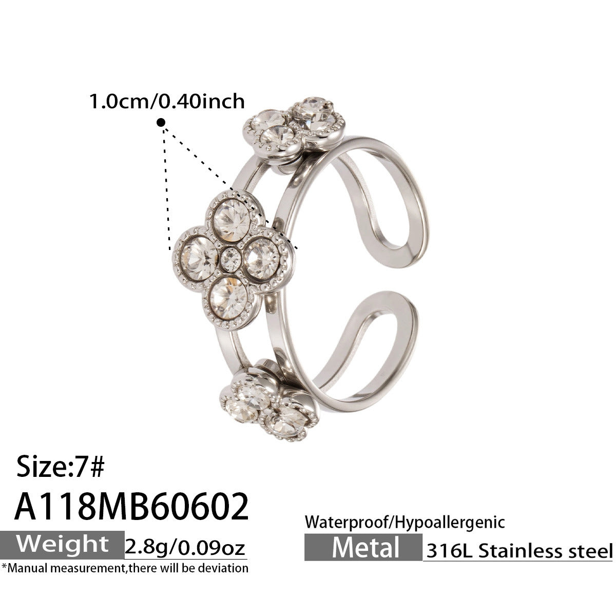B廠【A118】歐美時尚四葉草鑲嵌鋯石開口戒指ins小眾輕奢手飾不鏽鋼鍍18k真金
 26.06-2