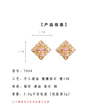 A廠【7044】原創設計微鑲鋯石925銀針彩繪幾何方形時尚輕奢風高級感耳飾
 25.11-2
