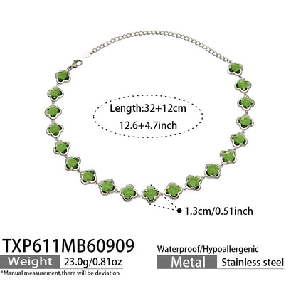 B廠【TXP611】謎麗港風顯貴四葉花不鏽鋼鍍金紅玻璃簡約小眾項鍊手鍊耳飾飾品女
 26.09-3