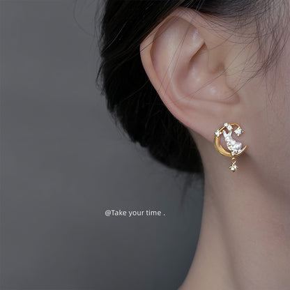 A廠【6726】月兔~原始微鑲鋯石925銀針電鍍14K彩繪月亮新款耳飾 清新甜美耳環
 25.09-2