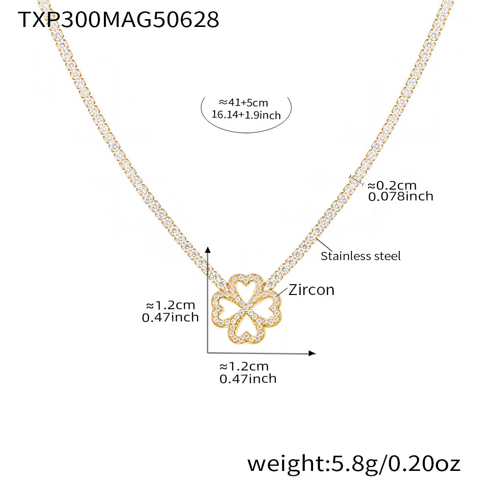 B廠【TXP300】超閃5A鋯石2mm鑽四葉花愛心手鍊項鍊組不鏽鋼鍍18k金飾品 25.07-1