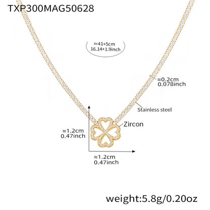 B廠【TXP300】超閃5A鋯石2mm鑽四葉花愛心手鍊項鍊組不鏽鋼鍍18k金飾品 25.07-1