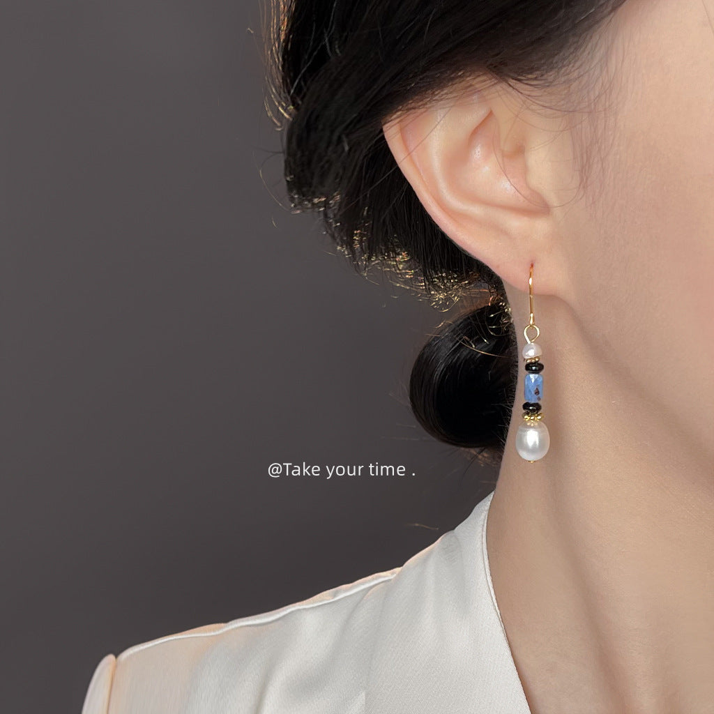 A廠【6559】淡水珍珠文藝復古藏青色秋冬新款手工耳環民族風景區耳飾
 25.10-3