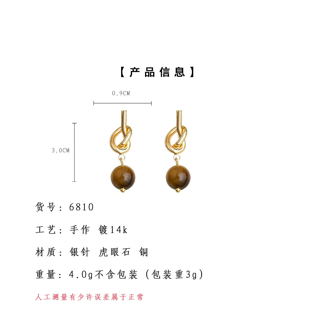 C廠【6810】天然石虎眼石美拉德風簡約法式中古風時尚高級感繩結耳飾耳環
 25.09-4