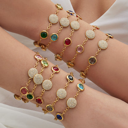 B廠【TXE508】不鏽鋼滿鑽鋯石切面包邊玻璃石手鍊耳環鍍18k真金首飾組不掉色
 25.12-1