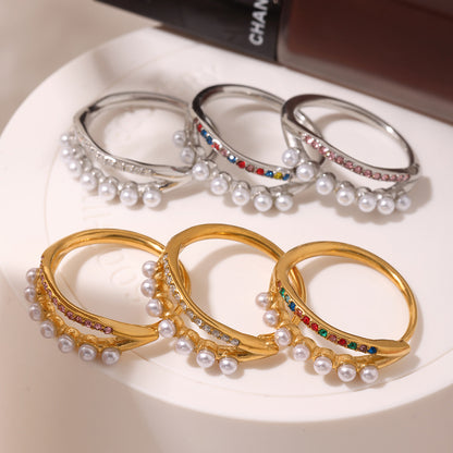 B廠【A054】歐美不鏽鋼雙層施家貝珠5A鋯石黏鑽側開口調整戒指鍍18k金 25.03-4