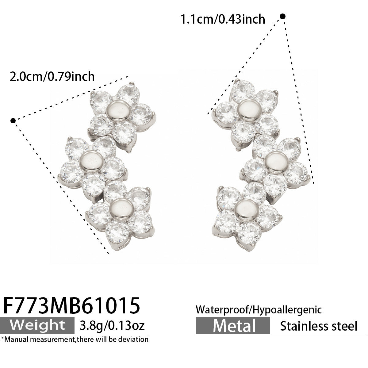 B廠【F773】三花簇鑲锆石耳釘不鏽鋼鍍18k金高級感耳環
 26.10-4