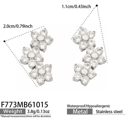 B廠【F773】三花簇鑲锆石耳釘不鏽鋼鍍18k金高級感耳環
 26.10-4