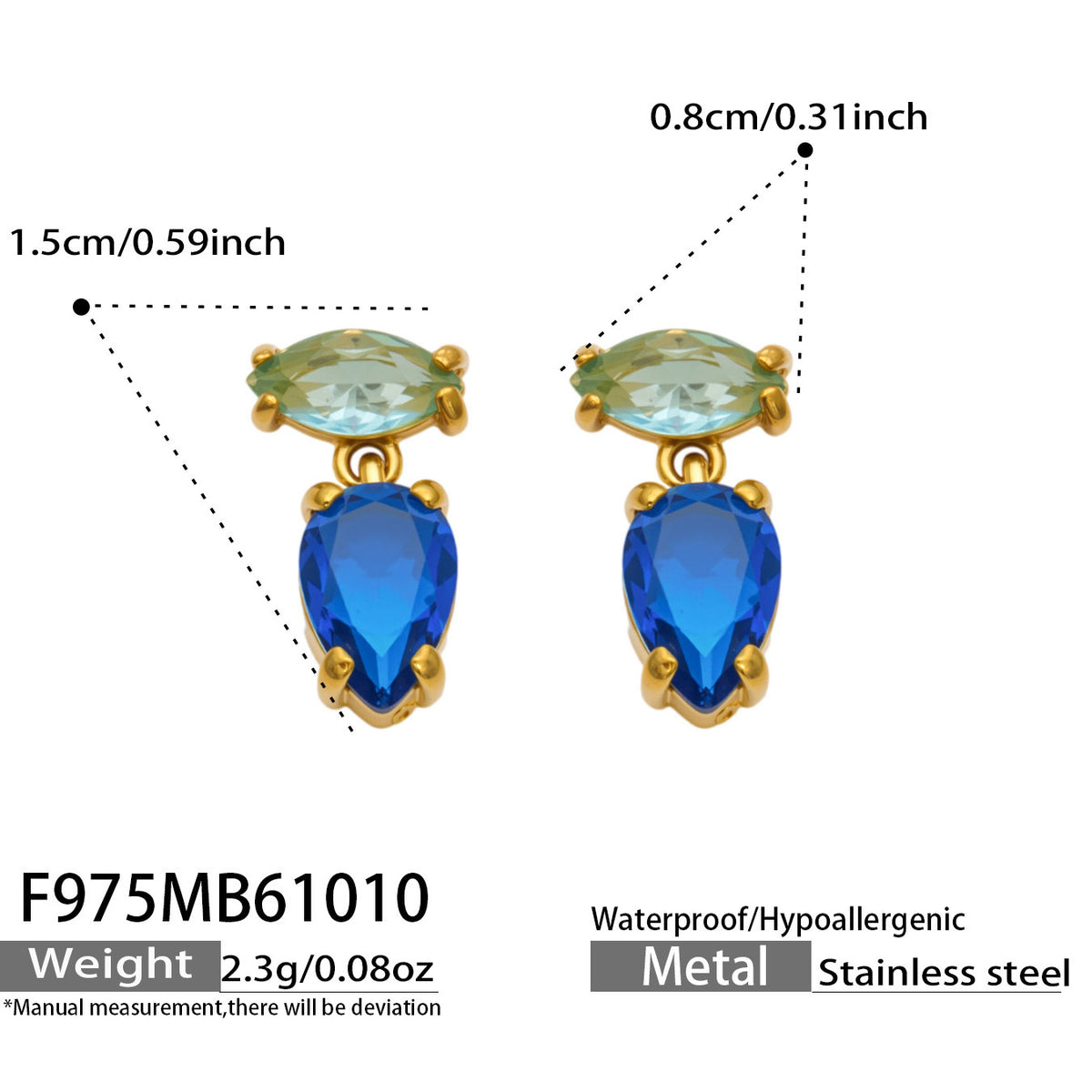 B廠【F975】水滴彩鋯石耳飾不鏽鋼鍍金輕奢DIY耳環
 26.10-4