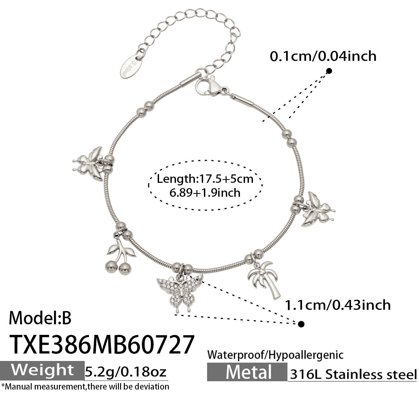 B廠【TXP386】夏日風蝴蝶圓珠吊墜項鍊手鍊 316不銹鋼鍍金輕奢高級感氣質飾品女
 26.07-5