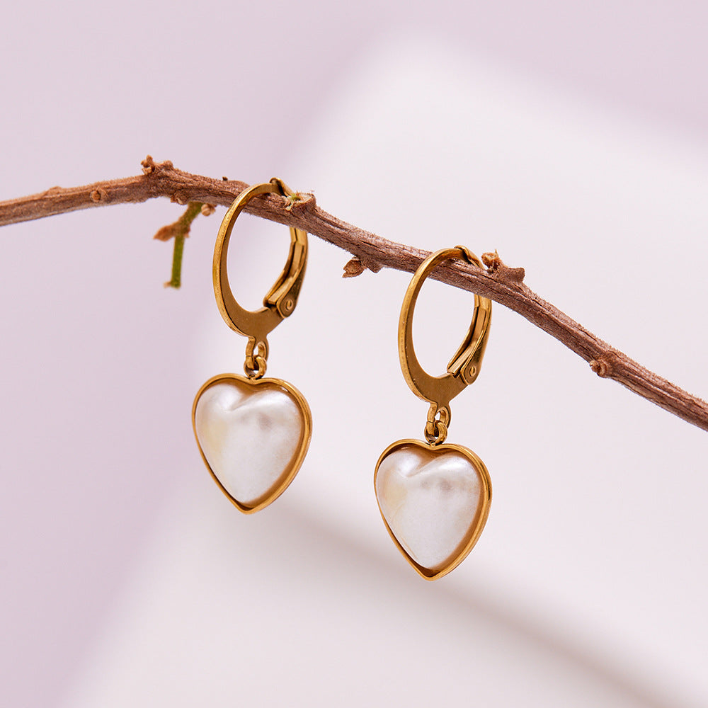 B廠【F017】跨國新款飾品不鏽鋼愛心貝珠吊墜耳環鍍18k真金耳環不掉色
 25.11-1