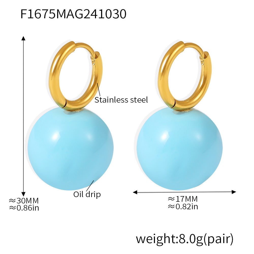 B廠【F1675】 油畫糖果色空心鋼珠耳環不鏽鋼PVD電鍍氣質時尚感耳扣耳飾 24.11-2