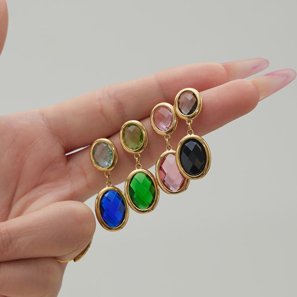 B廠【F957】不鏽鋼幾何橢圓吊墜切面玻璃石耳環ins小眾設計百搭耳飾鍍18k真金
 25.12-1