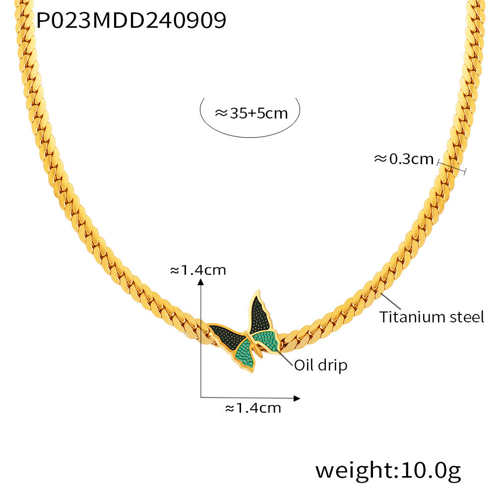 B廠【P023】復古滴油綠蝴蝶頸鏈鈦鋼古巴項鍊女創意氣質choker不掉色飾品 24.09-3