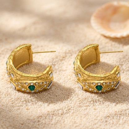 B廠【TXF090】歐美ins小眾設計幾何C型耳環鑲嵌綠松石水鑽高質感耳飾不銹鋼材質
 26.03-3