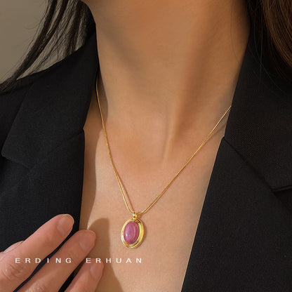 A廠【5646】高保色鍍18K真金304不鏽鋼高品質天然石紅木紋項鍊高級感鎖骨鍊女 25.03-1