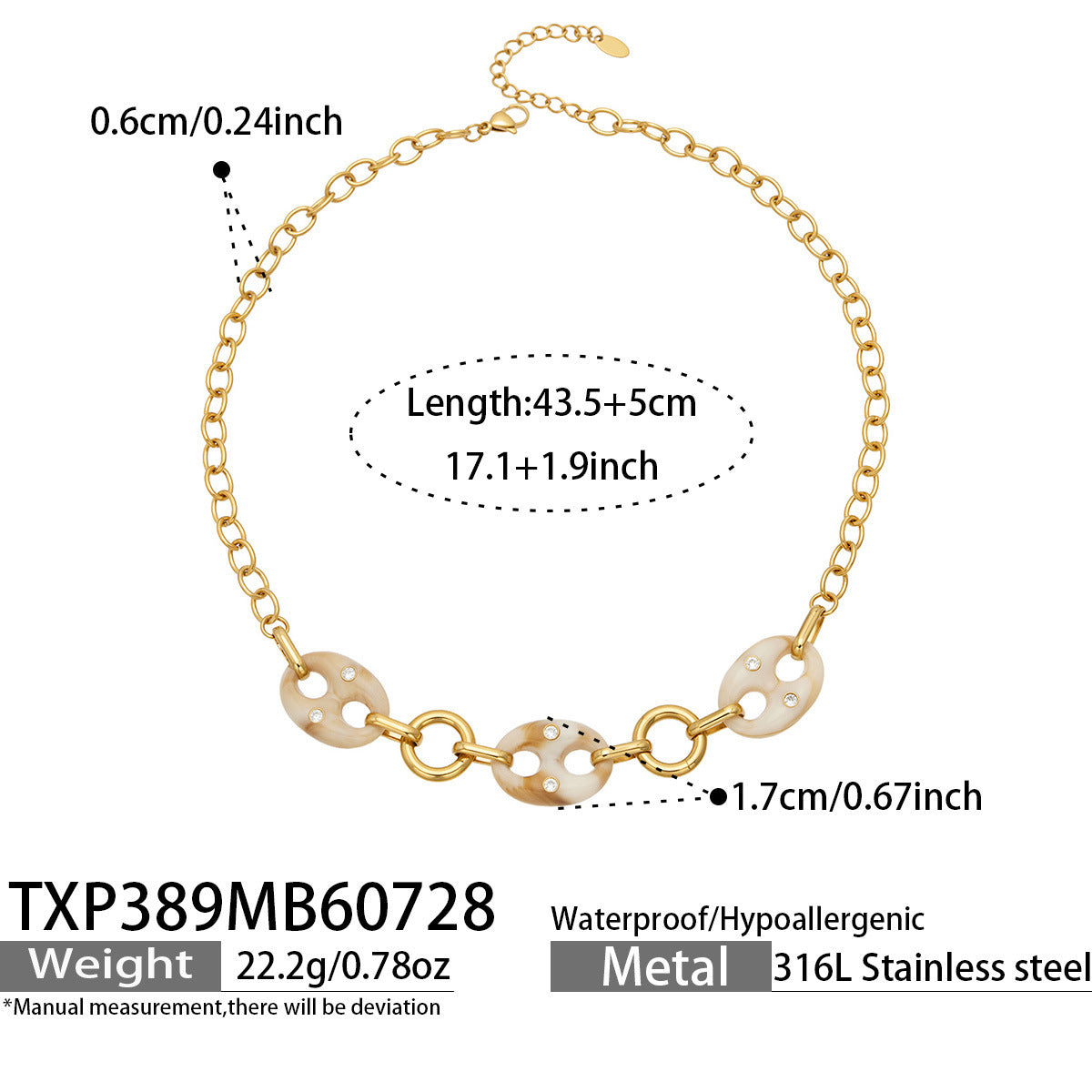 B廠【TXP389】時尚歐美不銹鋼鍍18k金 樹脂鑲嵌鋯石豬鼻耳環項鍊手鍊女飾品套裝
 26.08-1