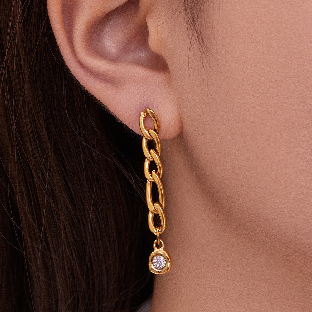 B廠【F739】歐麥誇張個性冷淡風耳環不鏽鋼鏈條鍍18k金圓形鋯石耳環女
 25.11-1