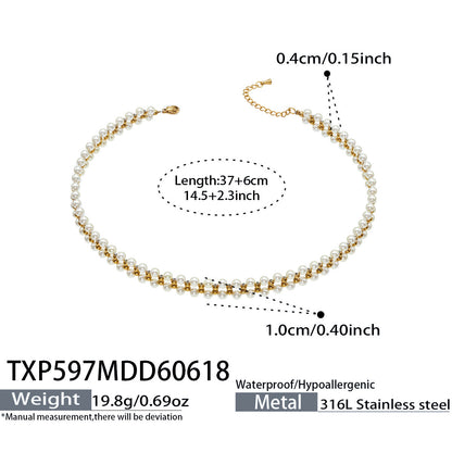 B廠【TXP597】跨境精緻貝珠手工編織項鍊手鍊套裝不銹鋼18k金 歐美風時尚飾品女
 26.06-4