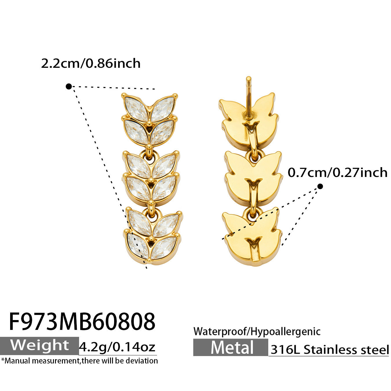 B廠【F973】歐美時尚鈦鋼鍍18k真金 鑲鋯石麥穗樹葉流蘇長款設計感耳環耳環女
 26.08-2